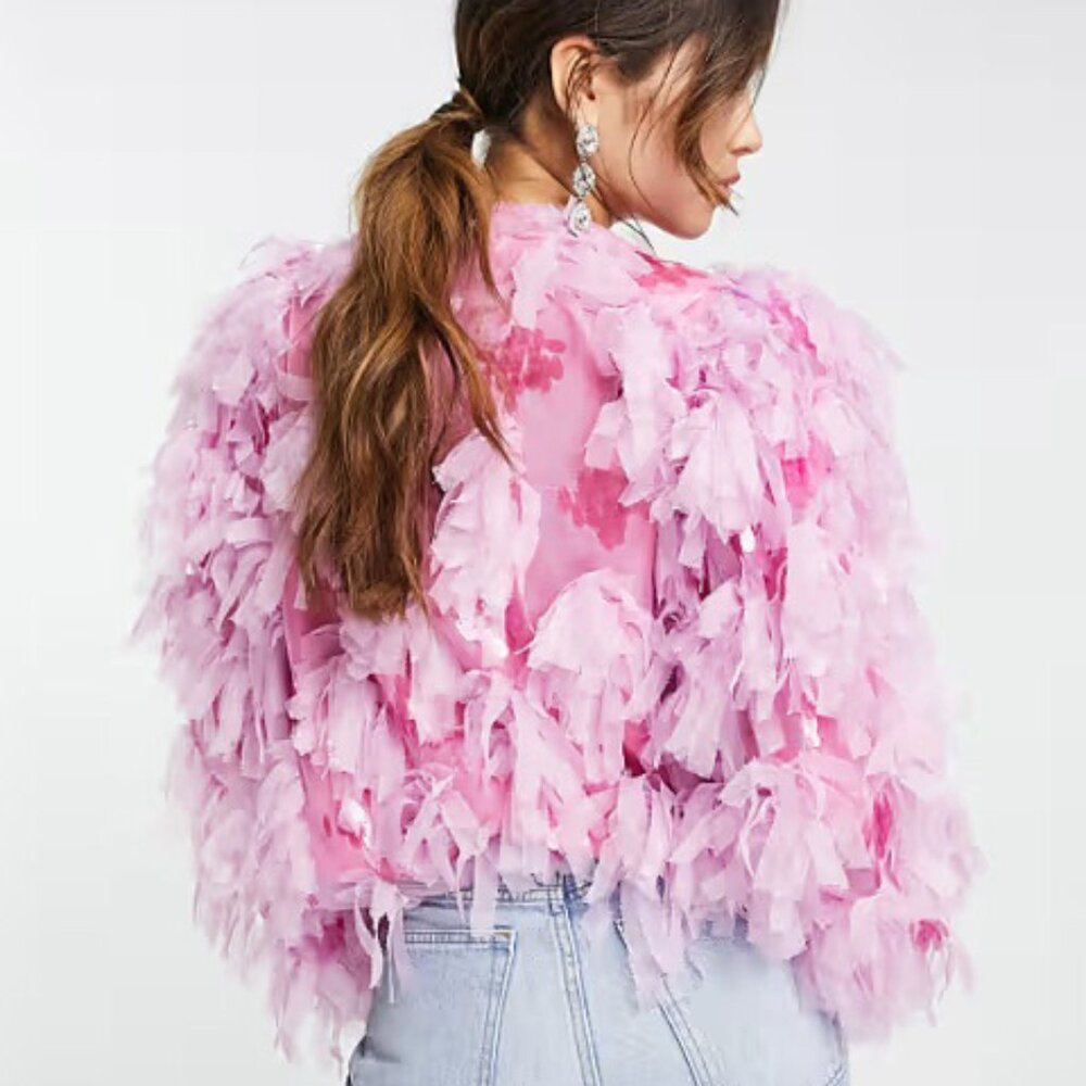 💥SHOWSTOPPER💥Jazzy 20's Flapper Style Fluffy Tiered Sequined Jacket in Pink - Picture 3 of 16